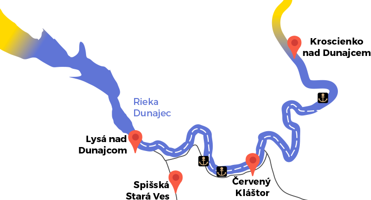 mapa regiónu Pieniny, kde sa nachádzjú možnosti splavu a kayakingu